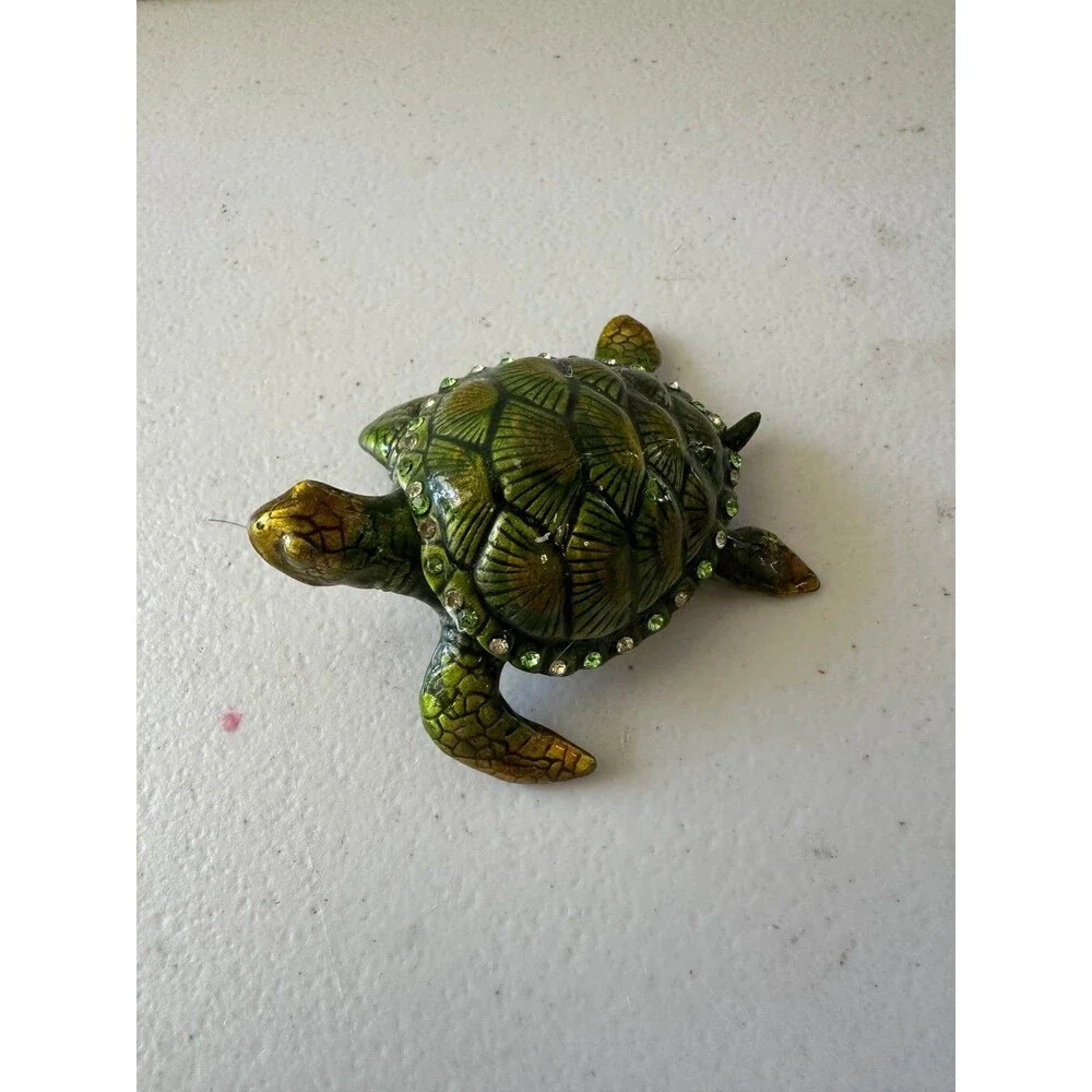 Bejeweled Green Sea Turtle Hand Painted Enamel Magnetic Hinged Trinket Box